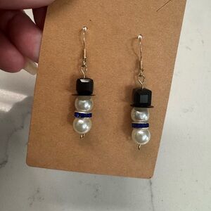 Pearl and Black Bead Dangle Earrings with Blue Accent